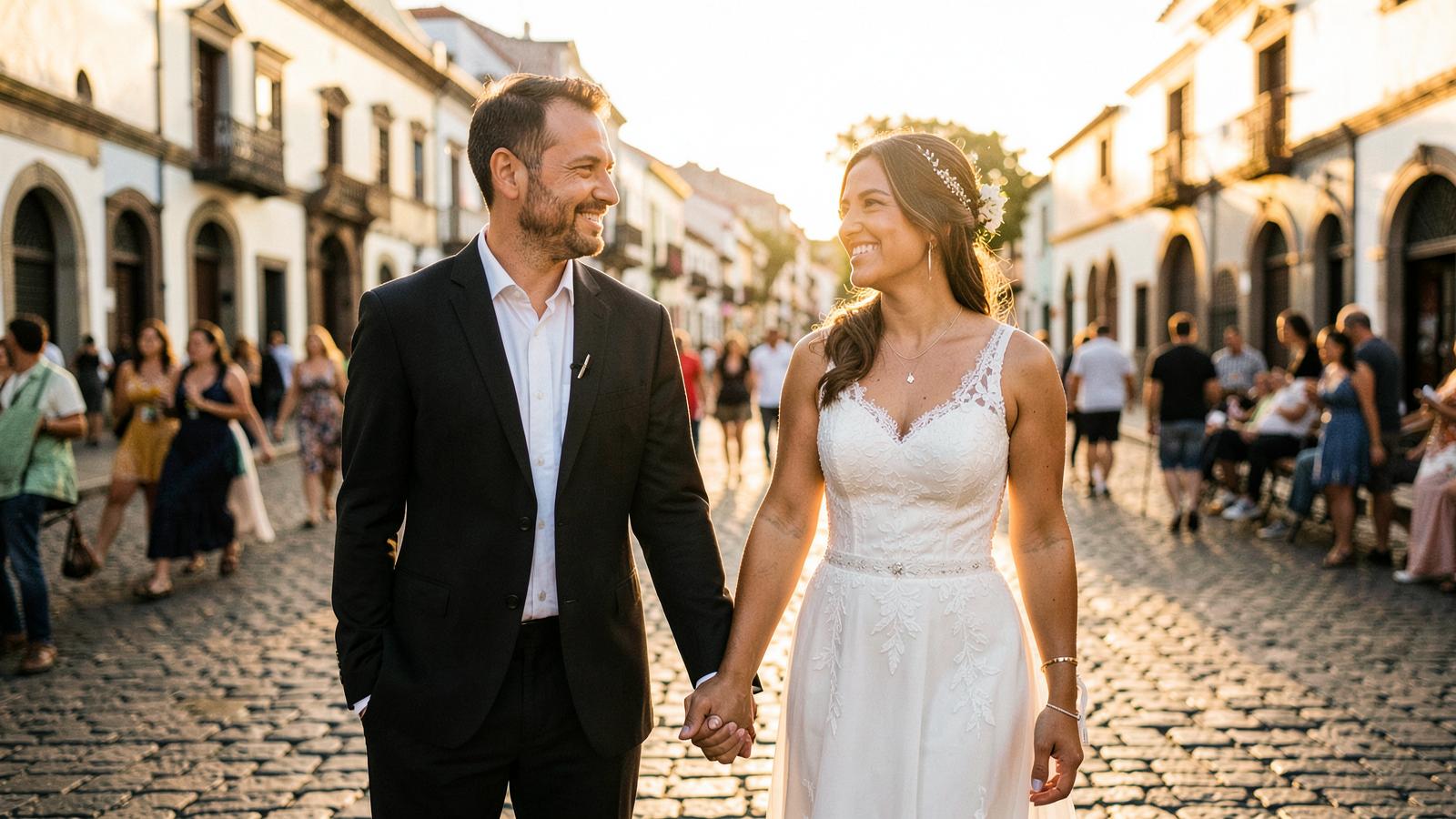 Binational couple walking through a Colombian plaza at sunset