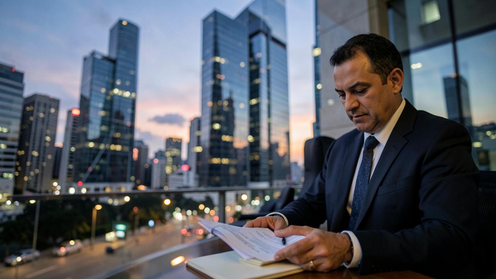 Distrito financiero de Bogotá al atardecer, inversionista revisando documentos